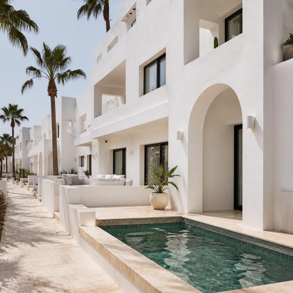 Townhouse facade on a shaded boulevard